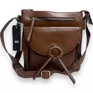 Violet Ray NYC Tammi Braided O-Ring Multi Zip Crossbody Bag in Walnut Brown